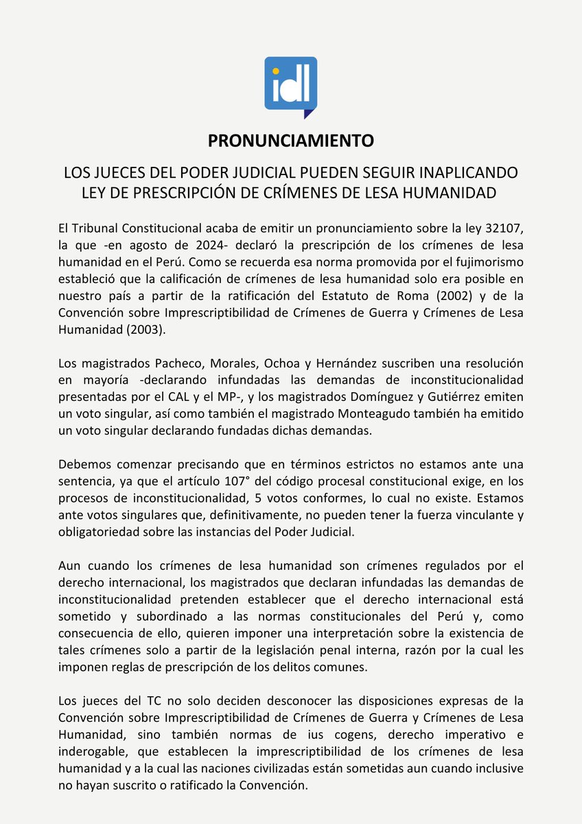 Ideele's tweet image. #PRONUNCIAMIENTO | Los jueces del Poder Judicial pueden seguir inaplicando ley de prescripción de crímenes de lesa humanidad