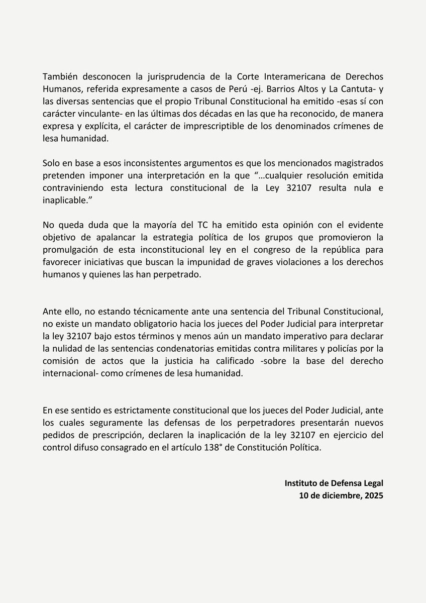 Ideele's tweet image. #PRONUNCIAMIENTO | Los jueces del Poder Judicial pueden seguir inaplicando ley de prescripción de crímenes de lesa humanidad