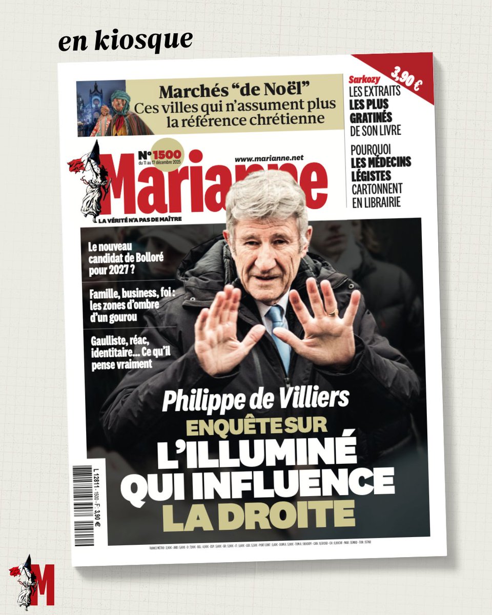 🎂 À la une de ce 1500ᵉ numéro de #Marianne : 

👉 Philippe de Villiers : enquête sur l'illuminé qui influence la droite, par <a href="/MaelJoua/">Maël Jouan</a> et <a href="/Valdiguie/">Laurent Valdiguié</a> 
👉 Ces marchés "de Noël" qui n'assument plus la référence chrétienne, par <a href="/RachelBinhas/">Rachel Binhas</a> 
👉 Nicolas Sarkozy : les extraits les