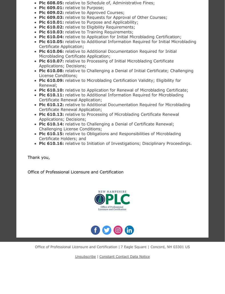 TIME AND DATE CHANGE: Plc 600 Public Hearing. Please be advised that the public hearing for Plc 600 has been rescheduled for January 5, 2026 at 2:00PM. For more information please visit: oplc.nh.gov/oplc-laws-and-…