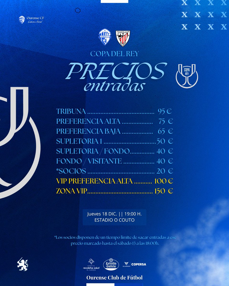 Precios de las entradas del <a href="/Ourense_CF/">Ourense CF</a> para el partido frente al <a href="/AthleticClub/">Athletic Club</a> en 1/16 de Copa del Rey
