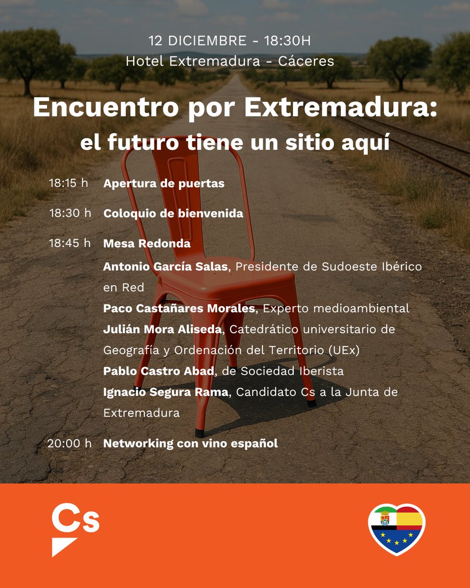 Encuentro por Extremadura – El futuro tiene un sitio aquí

📅 12 de diciembre | 🕣 18:30h
📍 Hotel Extremadura (Cáceres)

¿Cómo exprimir el potencial socioeconómico de la región? En infraestructuras, energía, desarrollo rural, empleo, relación con Portugal y retos estratégicos.