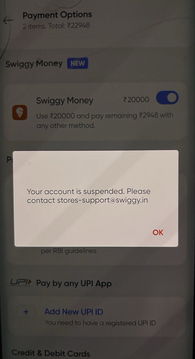 CrBull25's tweet photo. My Swiggy Account With ₹20,000 Wallet Balance Got Suspended Without Any Explanation. @SwiggyCares @SwiggyInstamart @Swiggy @harshamjty Please Look Into This ASAP!

Looking Forward For A Quick Resolution Support And Esceleration Team Just Responding With Standard templates 

@ccg33k @FinPaal @jagograhakjago @skh27 #ccgeeks @RBI #Swiggyscam