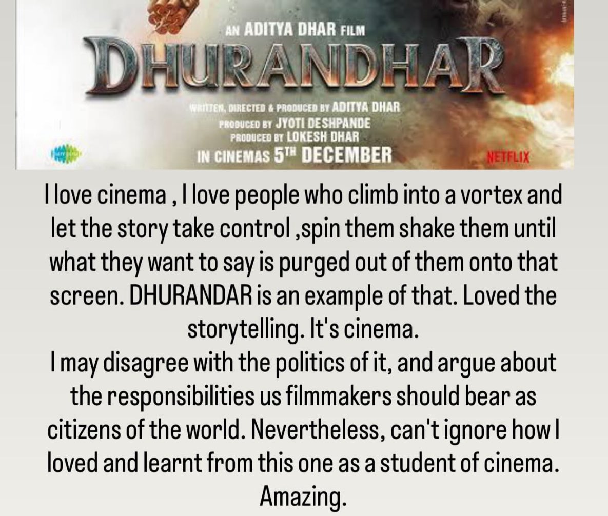 #HrithikRoshan expressed his views on #Durandhar (while praising its filmmaking aspects)

“I disagree with the politics of Dhurandhar and filmmakers should have to bear responsibilities as citizens of the world.”