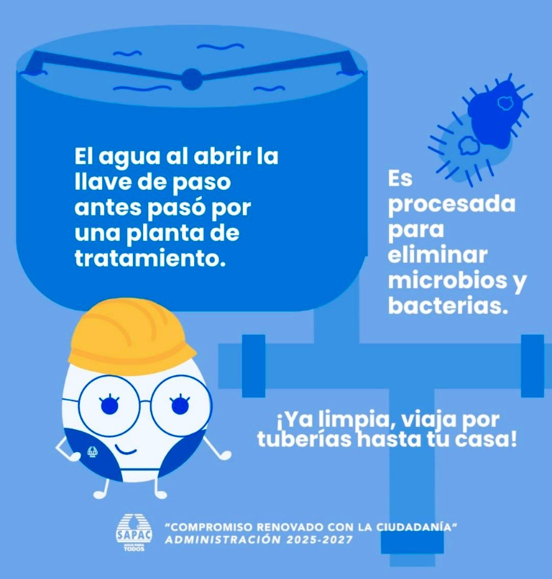 💧Agua, higiene y hábitos saludables:
El agua que llega a tu casa, antes ya pasó por un proceso para eliminar microbios y bacterias.
#SAPACAguaParaTodos💧