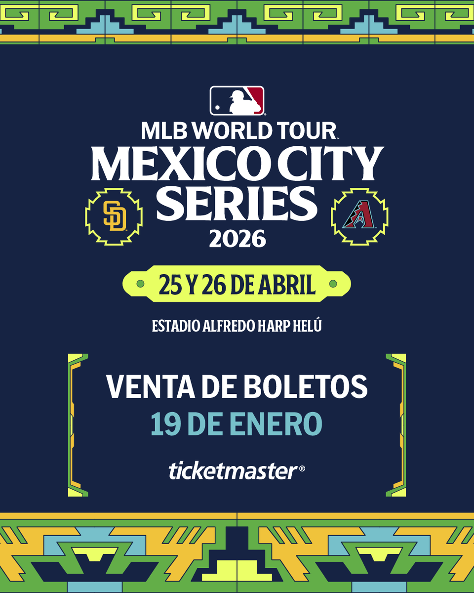 MLB_Mexico's tweet photo. ¡El mejor béisbol del mundo está de vuelta en México 🇲🇽!
D-Backs y Padres disputarán una serie de dos juegos de temporada regular el 25 y 26 de abril en el Estadio Alfredo Harp Helú. 
Boletos 🎫 a la venta el 19 de enero. https://t.co/ywkNKeUW5g