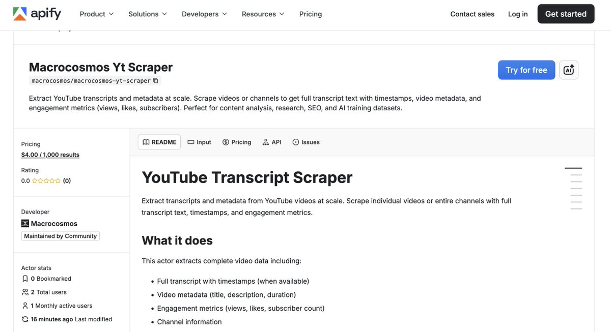 Subnet 13 can now collect data from YouTube using Apify 🔌

With our plugin, you can scrape:

☑️ Video metadata - titles, descriptions, video lengths
☑️ Engagement metrics - views, likes, subscriber count
☑️ Channel info

Plus, access to full transcripts with timestamps is coming