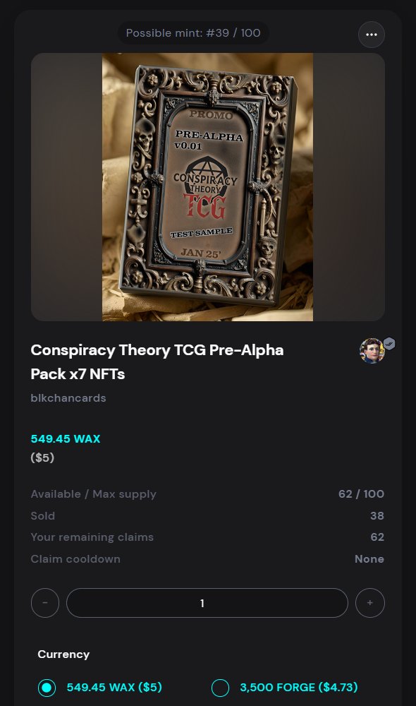 🔥 Nearly 50% SOLD 🔥
Conspiracy Theory TCG Pre-Alpha Packs are disappearing fast.
If you want one of the 100 test packs, now’s the time.
👉 neftyblocks.com/collection/blk…

$WAXP #WAXNFT #web3 #NFTs