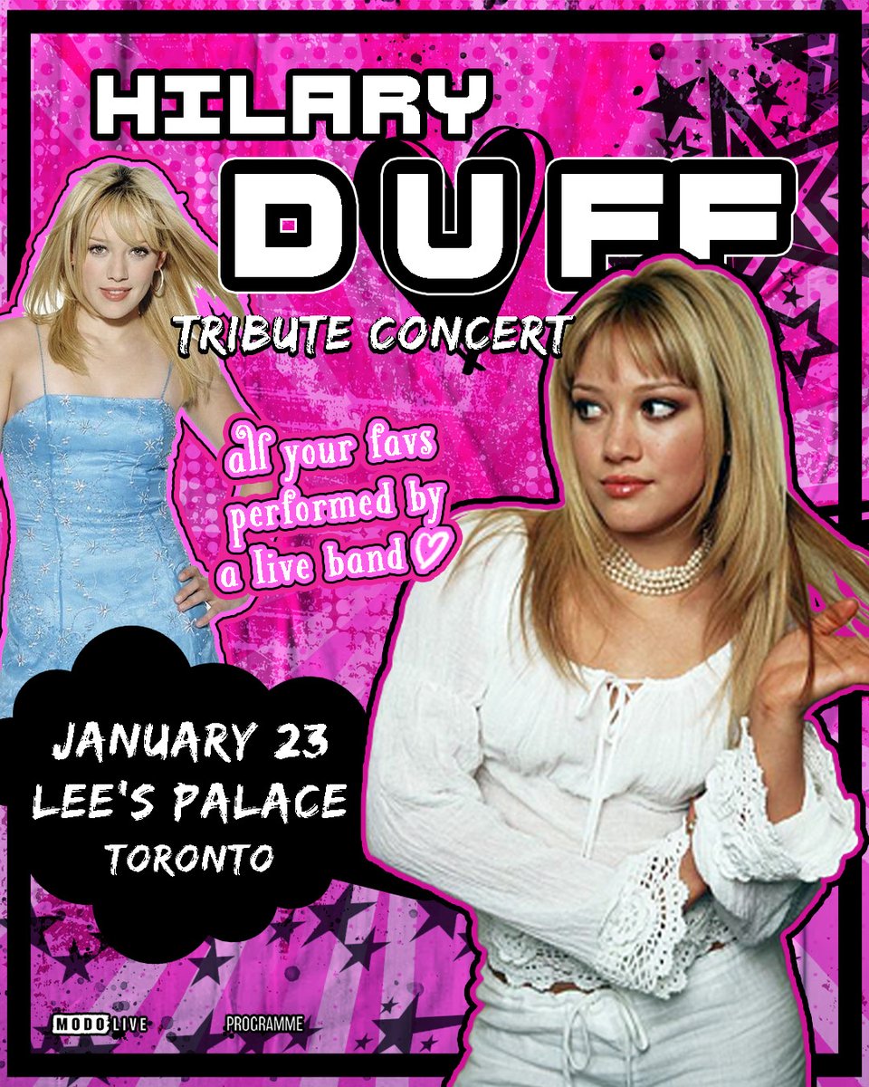 modo_live's tweet photo. CALLING ALL GRIEVING GIRLS, GAYS & THEYS WHO DIDN’T GET HILARY DUFF TICKETS: we're with you, and we’ve got a plan.

On JAN 23RD (the night before Hilary plays Toronto) join us as we bring back the twice sold out HILARY DUFF NIGHT, this time to @LeesPalaceTO! From Metamorphosis to Mature, experience the unforgettable music of Hilary Duff performed live. Toronto favourites Päter and Holly Clausius will have you shaking off the woes of 2026 as you ascend into the pure bliss of the early 2000s. Come dressed to the nines and be prepared to shout along to all the hits. 

And if you’re one of the lucky b*tches that did get a ticket, consider this a warm up night. 

JAN 23RD AT LEE’S PALACE. See you there? 

Tickets available now🌸
https://t.co/0Gs3IaAcyq

#hilaryduffnight #leespalace #torontoevents