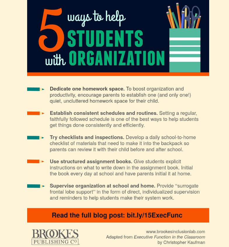 BrookesPubCo's tweet image. When you strengthen students' organizational skills, you're boosting a key #ExecutiveFunction competency that helps everyone on the road to future success. (See more tips on time management, organization, &amp;amp; study skills:  monkeylink.co/5c05ee) #ADHD #ADHDsupport #k12 #Teachers