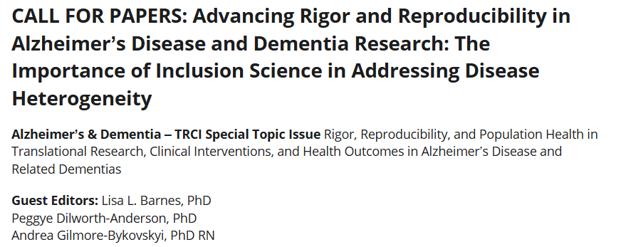 alzdemjournals's tweet photo. #TRCI CFP: Advancing Rigor and Reproducibility in Alzheimer’s Disease and Dementia Research: The Importance of Inclusion Science in Addressing Disease Heterogeneity!📢
Submit your innovative approaches & analyses that address this important topic!
https://t.co/dX7ykUMcCD https://t.co/aQwIGCtU7H