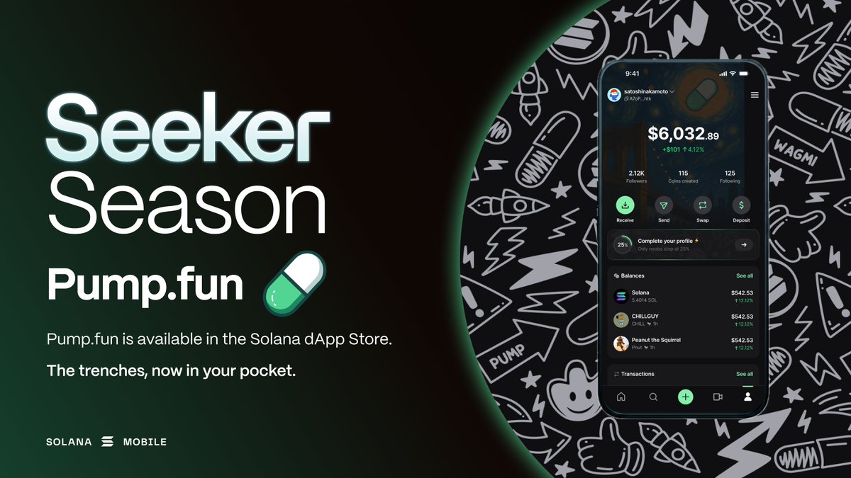 solanamobile's tweet image. Seeker szn welcomes the trenches with @pumpfun 💊

Built natively for Seeker, the pump fun mobile app allows you to launch &amp;amp; trade memecoins for free, onramp with Apple Pay, and more.

Download now on the Solana dApp Store.