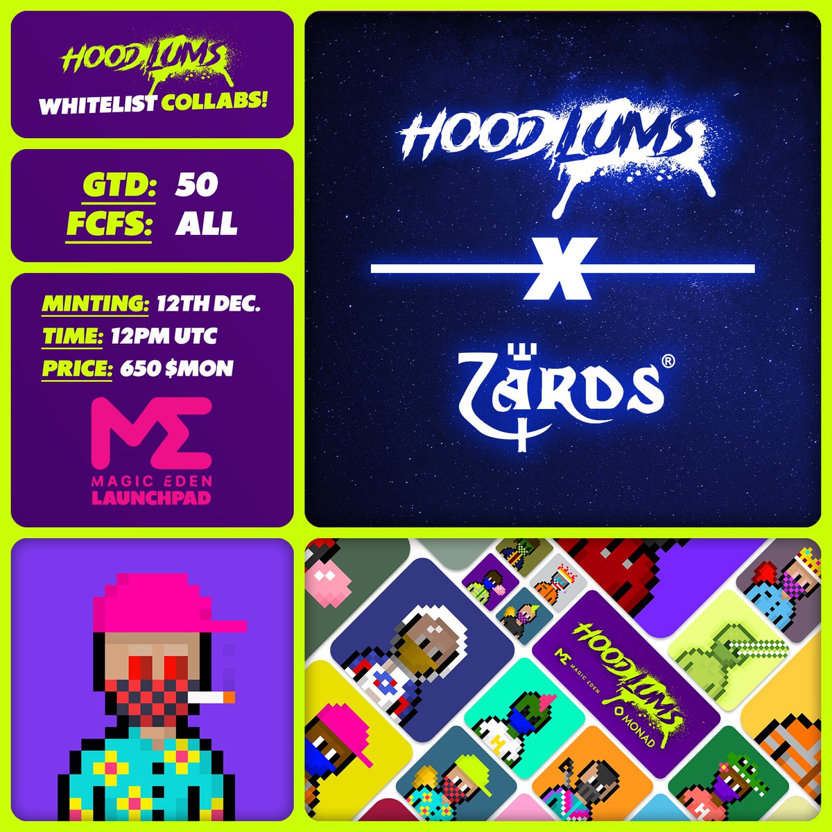 Hoodlums X <a href="/ZardsNFT/">Zards®</a> WL Spots!

🔓  GTD WL ➡️ Top 50 DELISTED Zards® holders!
🥇  FCFS WL ➡️ All DELISTED Zards® holders!
🗓️  Minting: Friday 12th December on <a href="/monad/">Monad (mainnet arc)</a> chain!
🪙  Price: 650 $MON

🔗  magiceden.io/launchpad/mona…