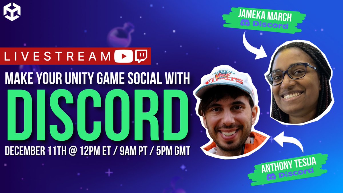 unitygames's tweet image. Learn how to bring Discord’s social tools into your Unity project.

Jameka and Anthony from Discord will guide us live as part of our new Unity Learn course.

📅 Dec 11 @ 12 pm ET / 9 am PT / 5 pm GMT
📺 Watch here: on.unity.com/DiscordLivestr…