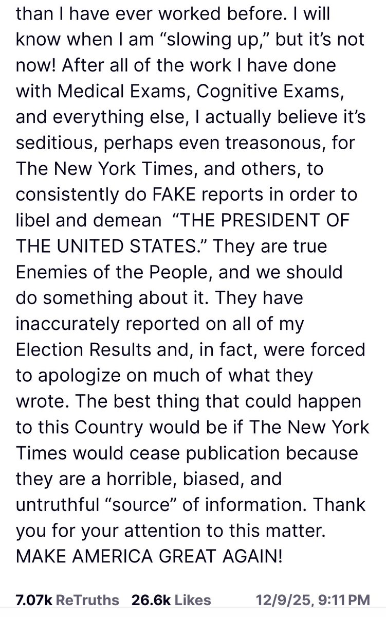 jaketapper's tweet image. Trump objects to reports about his obvious aging, saying “it’s seditious, perhaps even treasonous, for The New York Times, and others, to consistently do FAKE reports in order to libel and demean ‘THE PRESIDENT OF THE UNITED STATES.’“

It isn’t. And the reports aren’t fake.