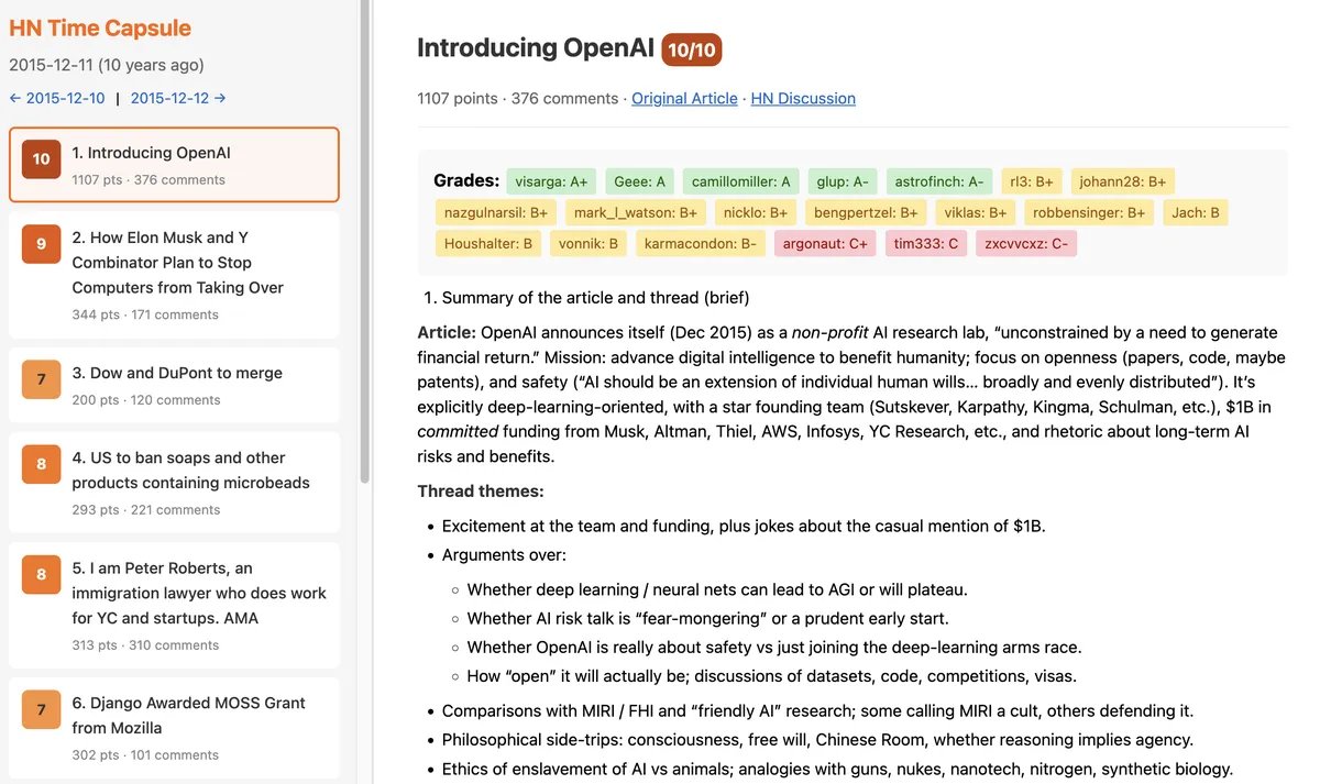 快速新帖:用事后诸葛亮视角自动给十年前的 Hacker News 讨论评分
我收集了2015年12月Hacker News首页的930篇文章及相关讨论,并让GPT 5.1 Thinking API进行事后分析,以识别最具预见性和最不具预见