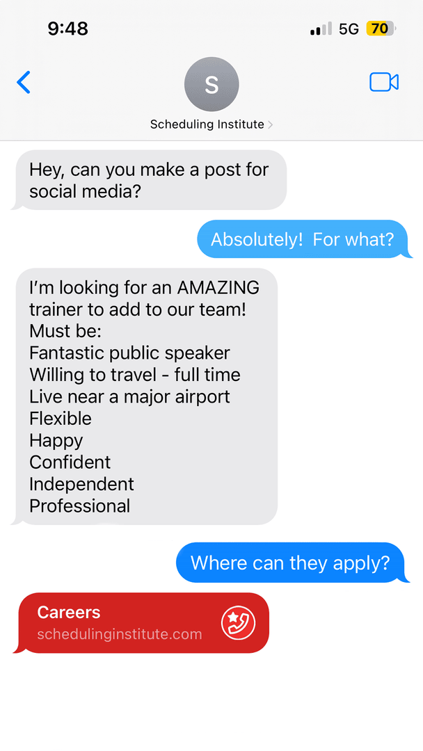 SchedulingInst's tweet photo. The Scheduling Institute is looking to hire an amazing trainer!  Apply directly on LinkedIn.

Are you...

A Fantastic Public Speaker?
Willing to travel full time?
Live near a major Airport?
Flexible?
Happy?
Confident?
Independent?
Professional? 

Well do we have a job for you! https://t.co/LR6nyKooZz