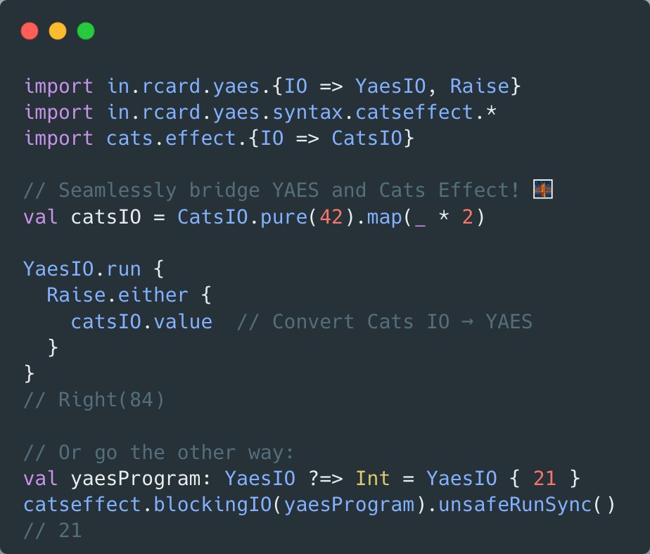 riccardo_cardin's tweet image. #Scala lovers ,💕#YAES v0.10.0 is out! Bridge the gap between YAES and @typelevel Cats Effect 🐈 with the new `yaes-cats` module. Convert between IO monads, integrate with `Validated` types, and get `MonadError` instances for `Raise`. 

Check out the release notes:…