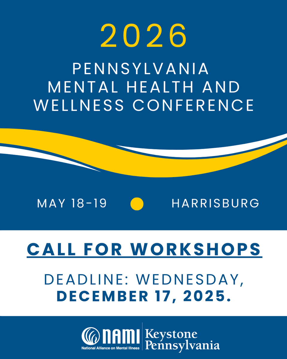 NAMIKeystonePA's tweet image. The deadline to submit a workshop proposal for NKPA’s 2026 Pennsylvania Mental Health and Wellness Conference is ONE week away.  Get your ideas in today! Learn more at tinyurl.com/2026NKPAStateC…
#NAMIKeystonePA #NKPA