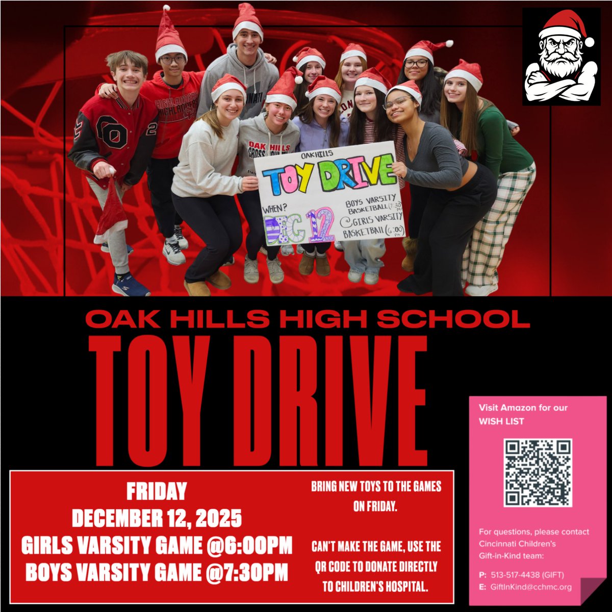 🎁 Toy Drive at Friday’s Varsity Basketball Dbl Header vs Colerain!
The Class of 2027, with Cincinnati Children’s Hospital, is hosting a toy drive during the Oak Hills vs. Colerain double header on Dec. 12.
🧸 Drop off new toys on the home side behind the admission table.
📱
