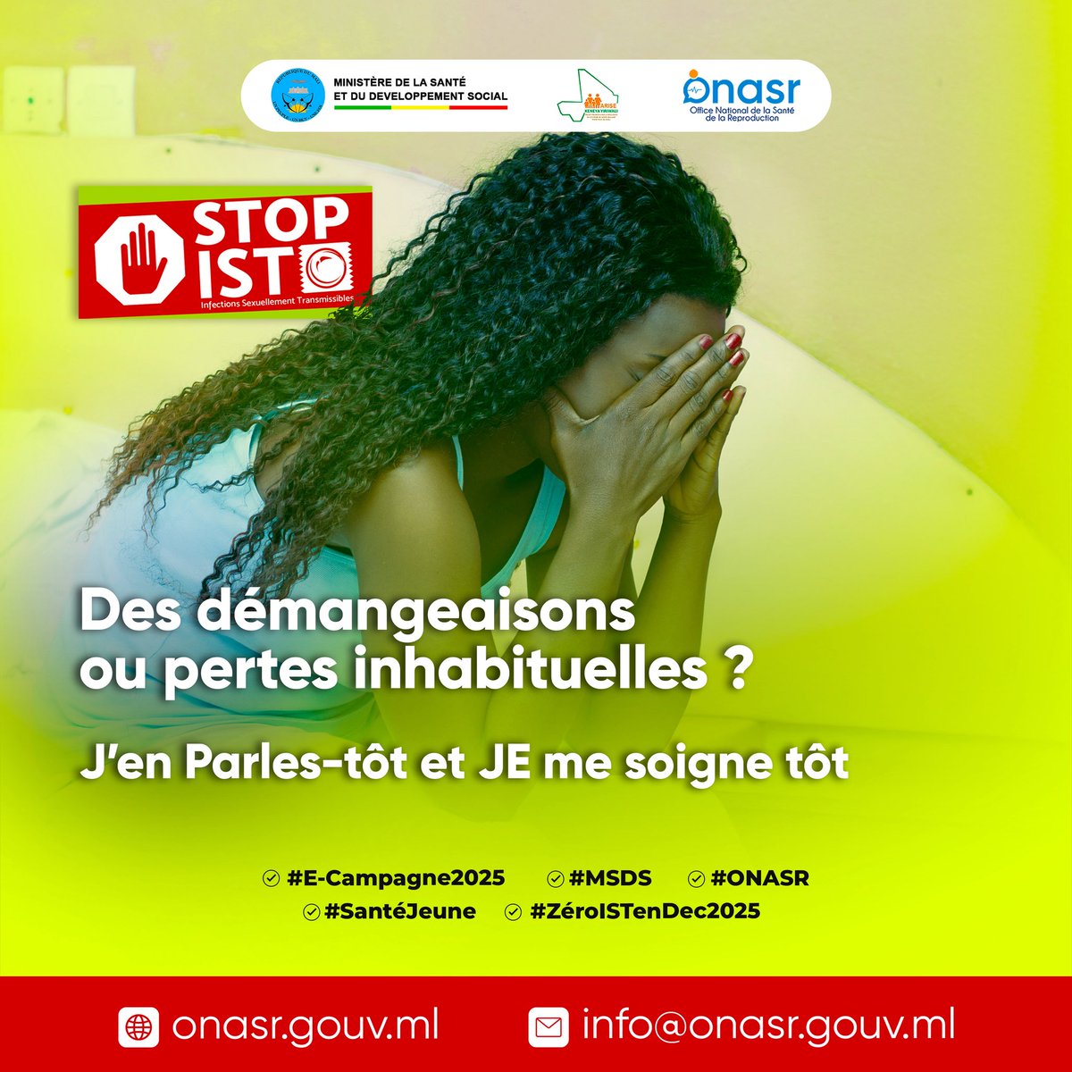 Des démangeaisons ou pertes inhabituelles ?

J’en Parles-tôt et JE me soigne vite.

Se connaître, c’est se protéger !

#E_Campagne2025
#MSDS
#ONASR
#SantéJeune
#ZéroISTenDec2025 
#chaqueenfantcompte