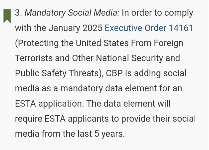 TheCartelDel's tweet image. US Customs and Border Protection has updated its guidelines: travelers from ESTA or visa-waiver countries are now required to provide five years of their social-media history.