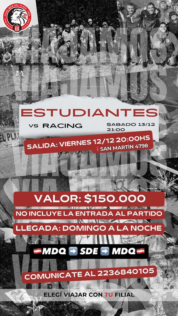 MDPFilial's tweet image. NOS VAMOS A SANTIAGO 🚌 este sábado viajamos directo al Madre de Ciudades desde Mar del Plata para alentar al león🇦🇹 RESERVÁ YA TU LUGAR al numero en la foto 💬