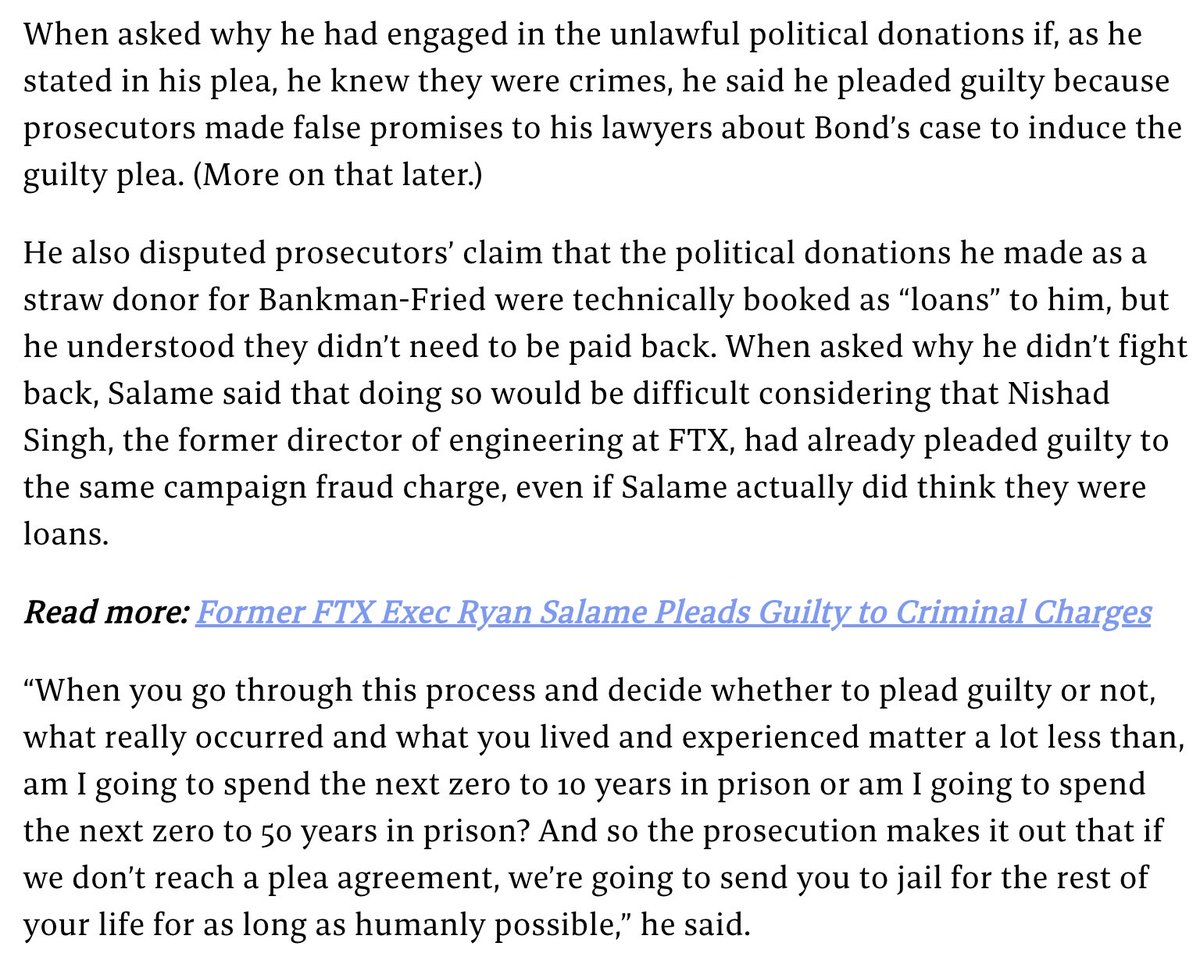 [SBF says:]

Ryan Salame is serving a 7.5 year prison sentence for:

1) Donating to Republicans in his own name
2) Not getting a non-US co. a US license it didn't need
3) Refusing to lie for the gov't in my trial

As he told <a href="/TuckerCarlson/">Tucker Carlson</a>, he "was very close to going to trial."