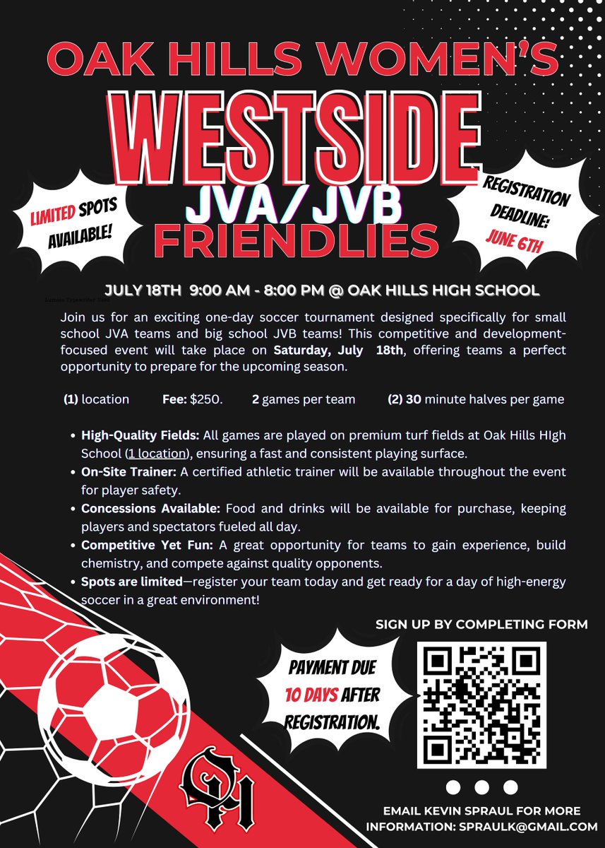 High School Teams... We will once again be hosting JVB/JVA level teams for a 1 day event Saturday, July 18!

We'd love to see your younger players at our event. 2 games, all on turf at one location!

docs.google.com/forms/d/1pDxkA…