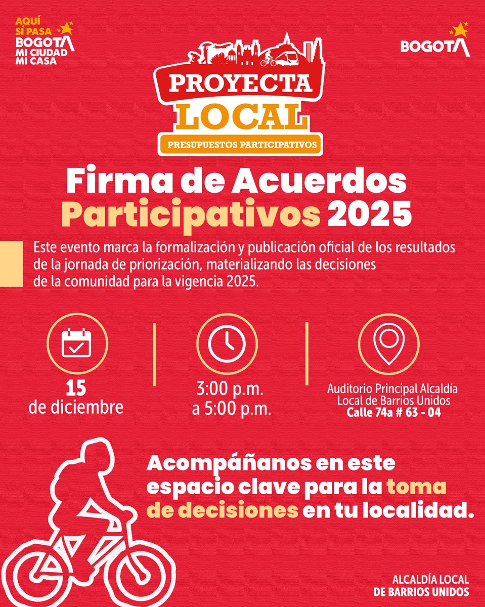 AlcaldiaBunidos's tweet photo. Este 15 de diciembre firmamos los Acuerdos Participativos 2025
Un espacio clave para formalizar y hacer realidad las decisiones de la comunidad.
🕒 3:00 p. m. – 5:00 p. m.
📍 Alcaldía Local (Calle 74A # 63-04)
#ProyectaLocal #BarriosUnidos #Participación #AvancemosUnidos https://t.co/YRUpNJbha1