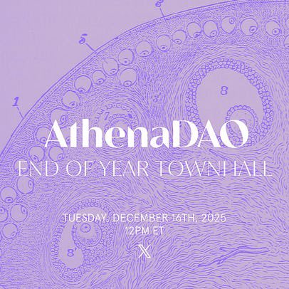 📣 AthenaDAO End-of-Year Town Hall 

2025 was a transformative year with spinouts, clinical trials, Demo Day &amp; more. Now we’re revealing what’s next for 2026. 

🗓 Date: Tuesday, December 16
⏰ Time: 9 AM PT / 12 PM ET / 6 PM CET 
📍 Location: X / Twitter Spaces 

Set your