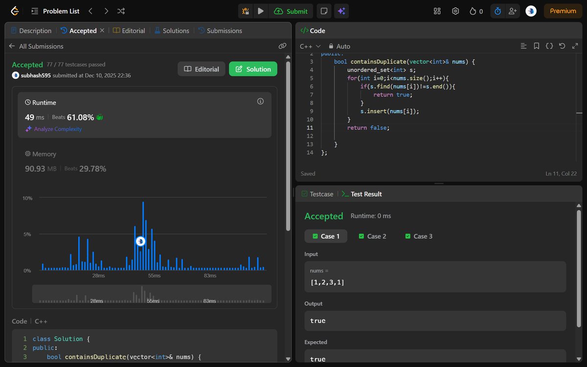 Subhash5905's tweet image. 🚀 Day 1/90 — DSA Challenge
Solved Two Sum &amp;amp; Contains Duplicate today.

Till now I copied answers, but from today I’m understanding &amp;amp; solving on my own. Fresh start! 🔥

Excited for Day 2!
#90DaysOfCode #LeetCode #DSA #Cpp