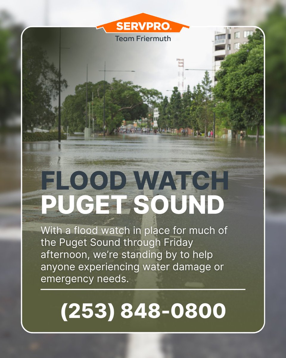 🌧️ Flood Watch in Puget Sound 🌧️
Our team is ready to respond 24/7. With heavy rain and rising water in the forecast, SERVPRO Team Friermuth is standing by to help protect your home or business. If flooding or water damage impacts you, we’re only a call away.
📞 (253) 848-0800