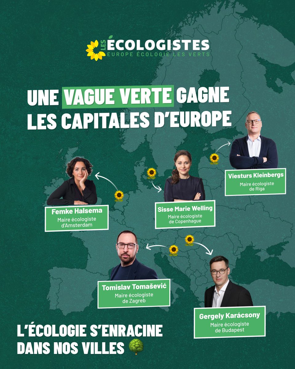 Une vague verte gagne les capitales européennes 💚

Amsterdam, Budapest, Copenhague, Zagreb et Riga : cinq capitales européennes sont dirigées aujourd’hui par des écologistes 🌻

Partout en Europe, les citoyennes et citoyens constatent les bénéfices des politiques vertes. Une