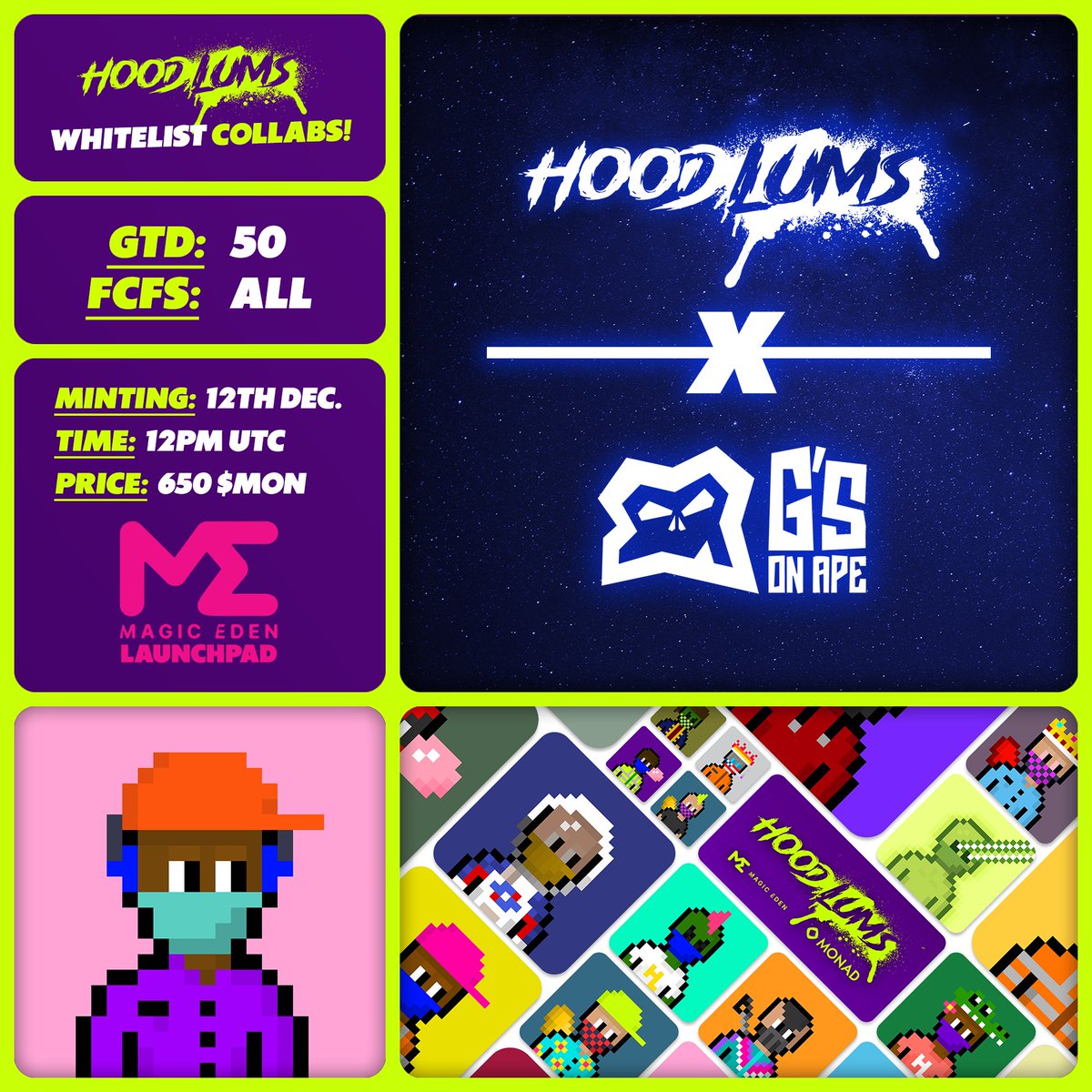 Hoodlums X <a href="/GeezOnApe/">GeezOnApe</a> WL Spots!

🔓  GTD WL ➡️ Top 50 DELISTED Geez holders!
🥇  FCFS WL ➡️ All DELISTED Geez holders!
🗓️  Minting: Friday 12th December on <a href="/monad/">Monad (mainnet arc)</a> chain!
🪙  Price: 650 $MON

🔗  magiceden.io/launchpad/mona…