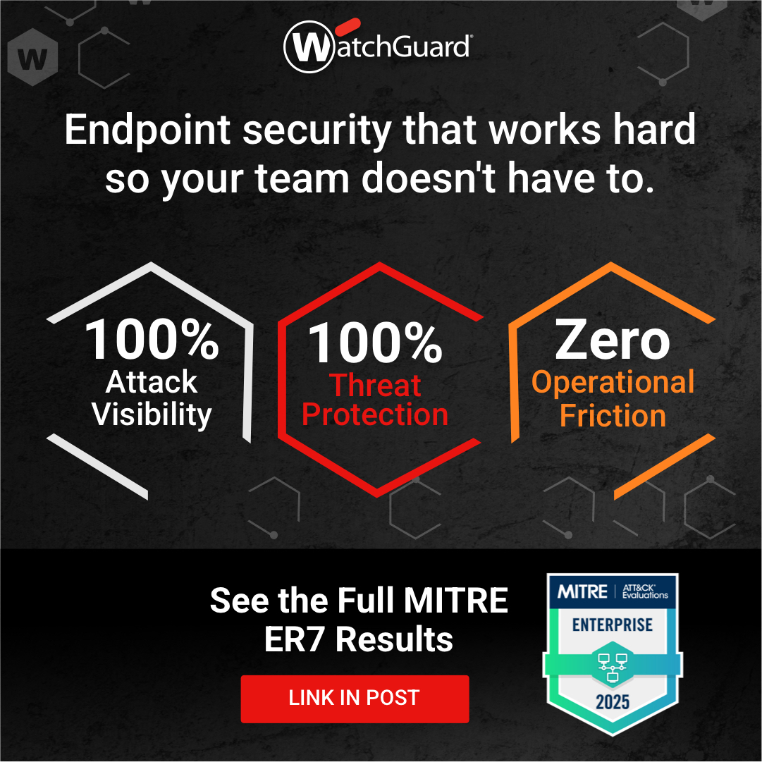 watchguard's tweet image. WatchGuard’s results in the @MITREattack Round 7 Evaluation highlight how far we’ve come in our mission to deliver strong security that’s easy to use.

See the full MITRE ER7 results: wgrd.tech/4a55aWc

#MITREATTACK #EndpointSecurity #Cybersecurity #WatchGuard