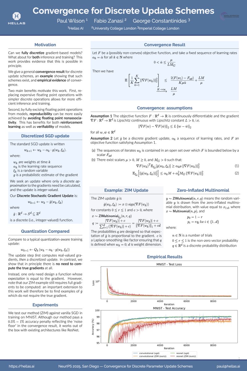 What if neural networks could be trained without relying on floating-point arithmetic?  

Our founder, Paul, has just published a paper at NeurIPS showing that models can be trained using fully discrete, integer-valued updates with provable convergence.  

The approach improves