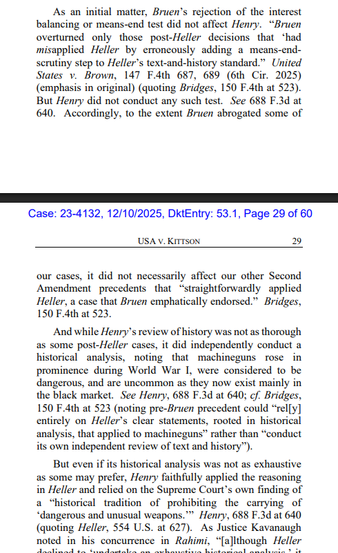 The majority declined to do a Bruen analysis, and just says prior Ninth Circuit precedent that relied on the Heller dict
