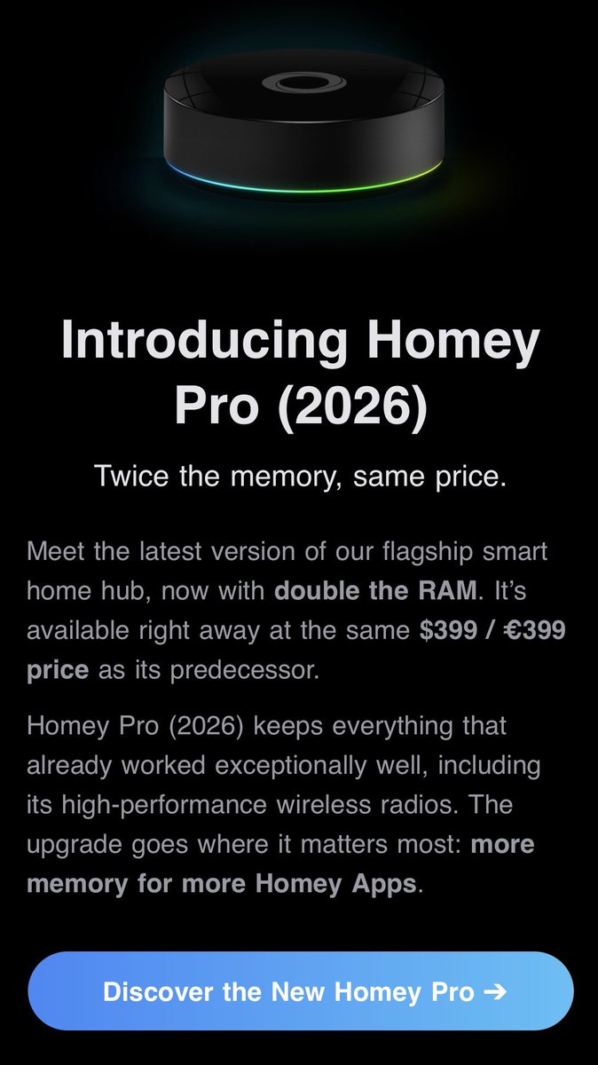 Para los amantes de la domótica que utilizáis Homey Pro como yo. Ya han sacado el nuevo Homey 2026, y SORPRESA, os ahorro veros reviews y vídeos de YouTube: Es EXACTAMENTE el mismo aparato, lo único que tiene más RAM y más memoria. Se han marcado un Apple vaya, pero peor🤣