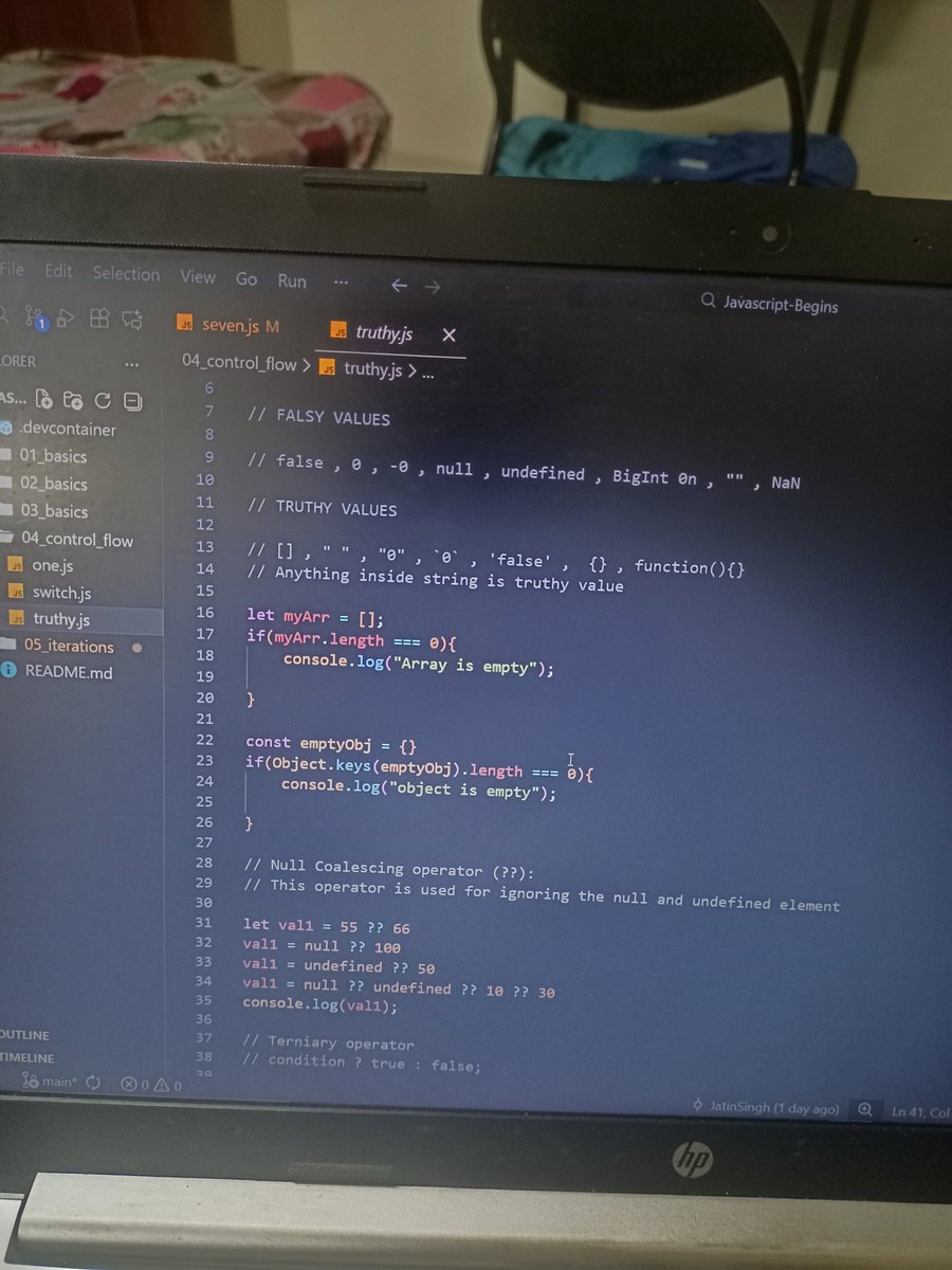 JatinCodes's tweet image. #Day5 of learning JS
- Switch Case
- Truthy/Falsy
- Iteration 
- Control Flow

Let&apos;s keep the grind 🔥☘️
#100DaysOfCode #chaiauecode #coding #javascript
