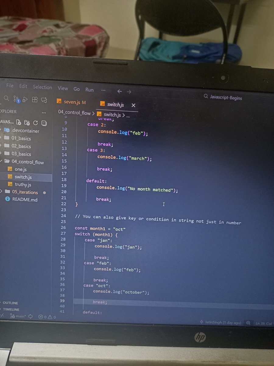 JatinCodes's tweet image. #Day5 of learning JS
- Switch Case
- Truthy/Falsy
- Iteration 
- Control Flow

Let&apos;s keep the grind 🔥☘️
#100DaysOfCode #chaiauecode #coding #javascript