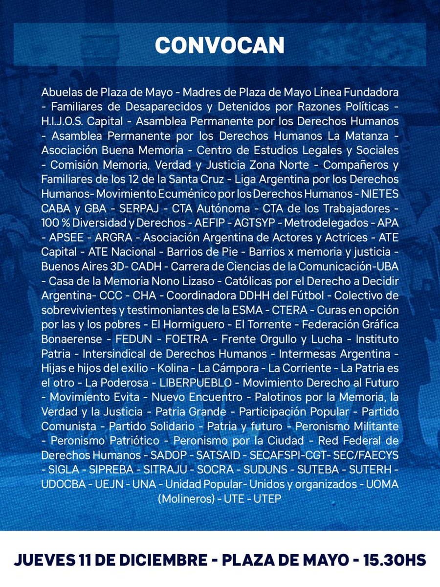 A las 16:30 hs, nuestro Secretario Geneal Peluca Gramajo estará en el panel "Derechos y Trabajo", discutiendo las estrategias de resistencia frente a la reforma laboral junto a líderes sindicales de todo el arco gremial.

🗓 Jueves 11 de Diciembre | 15:30 HS
📍 Plaza de Mayo