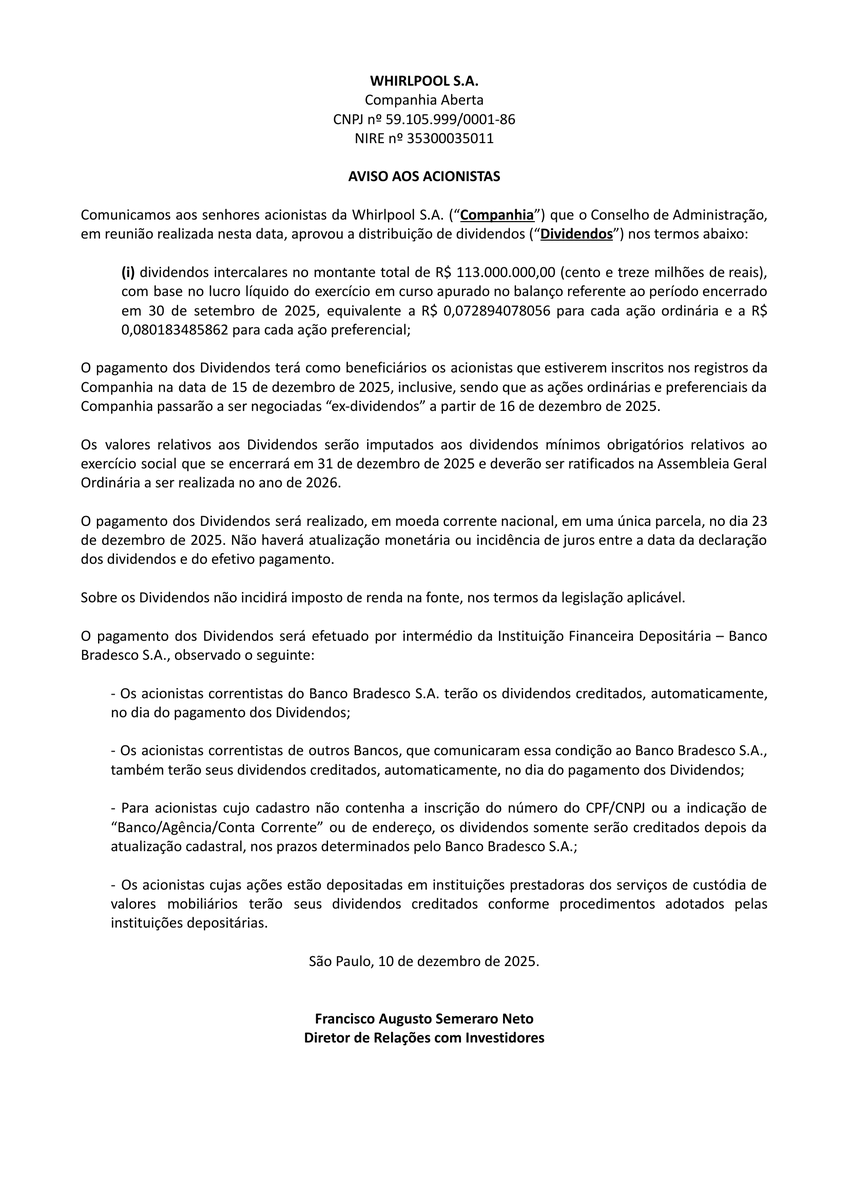 CalixtoCapital's tweet photo. #WHRL4 | WHIRLPOOL | Aviso aos Acionistas https://t.co/1CKnhVCqRm