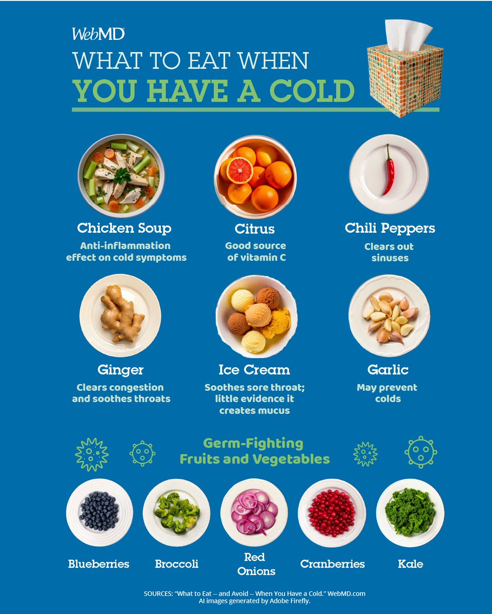 WebMD's tweet image. Fighting off a cold? Here's what to eat -- and avoid -- when you're feeling under the weather. wb.md/48tBAbM