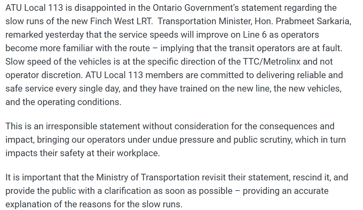 ATU Local 113 is disappointed in the Ontario Government’s statement regarding the slow runs of the new Finch West LRT.   

Read our full statement below.