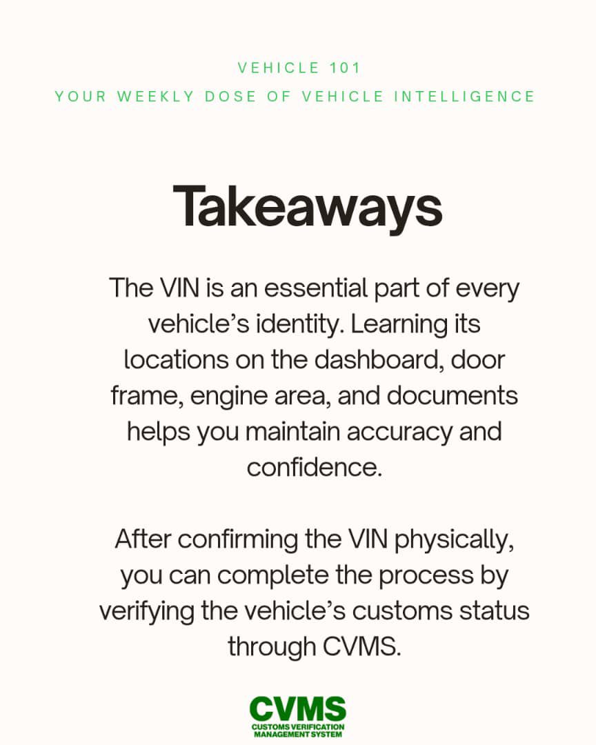 officialcvms's tweet photo. Every vehicle has a VIN, but not everyone knows where to find it.

Swipe to learn the key checkpoints and how CVMS helps you verify the Customs Duty Status of your vehicle using its VIN.

#cvms #nigeriacustomsservice #peaceofmind https://t.co/pzDO7ENTTw