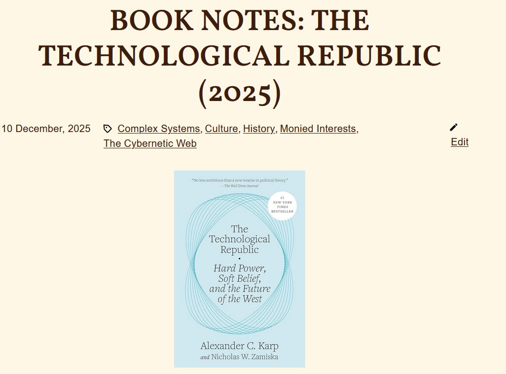Scholars_Stage's tweet image. New Book Review Essay: "Alexander Karp and Nicholas Zamiska's The Technological Republic: Hard Power, Soft Belief, and the Future of the West may not be the worst book I have read this year, but it is by far the most disappointing."