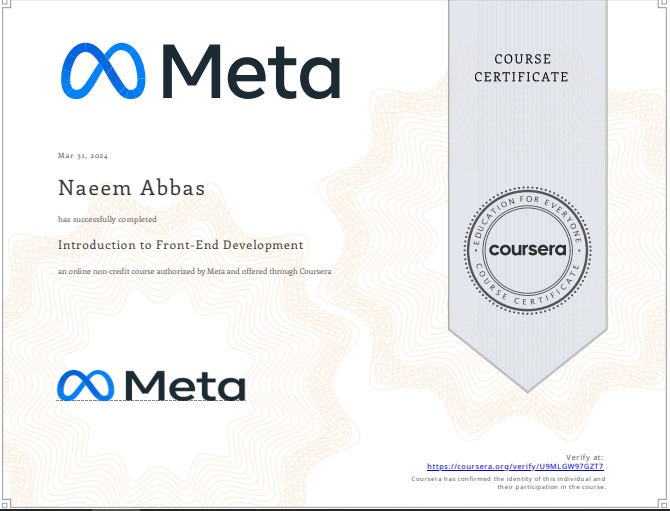 Naeem_Dev03's tweet image. Proud to have completed my Introduction to Front-End Development course on Coursera ✅
One more step forward in my front-end development journey #hireme #CourseraCertificate #FrontendDeveloper #WebDev #TechSkills #ContinuousLearning