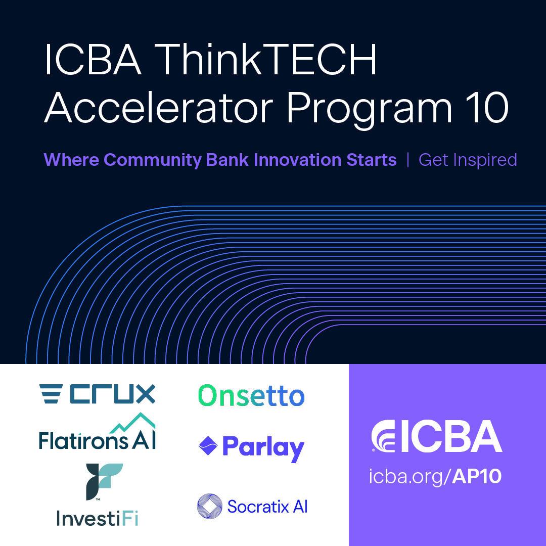 We’re thrilled to announce the AP10 Accelerator Cohort! Six innovative companies bringing bank‑ready solutions to help community banks become more efficient, profitable, and competitive. 
Crux Analytics, Flatirons AI, Investifi, Onsetto, Parlay and <a href="/getsocratix/">Socratix AI</a> 
Learn more about