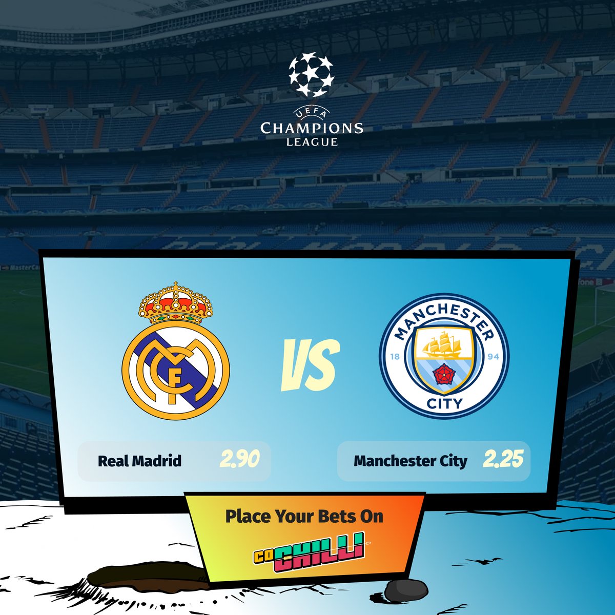 Champions League sends shivers down the spine once again!⚽️🏆

Real Madrid vs Manchester City at the Bernabéu!🔥

When these clubs meet, it's always a good match. Don't miss it! In their past head-to-heads in the Champions League, Real is leading, including knockout wins in the